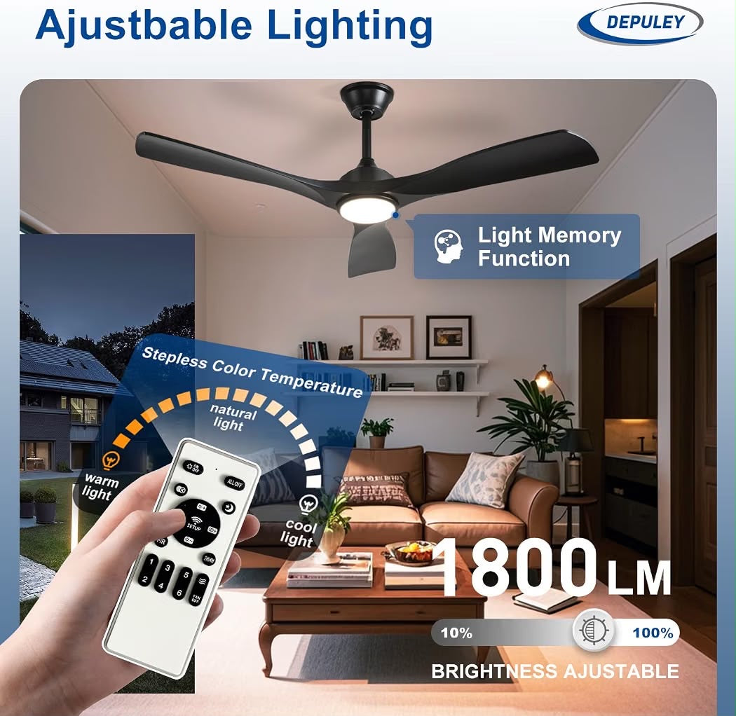 Depuley 52” Ceiling Fan with Light Black 3-Blade Outdoor Indoor Remote 6-Speed