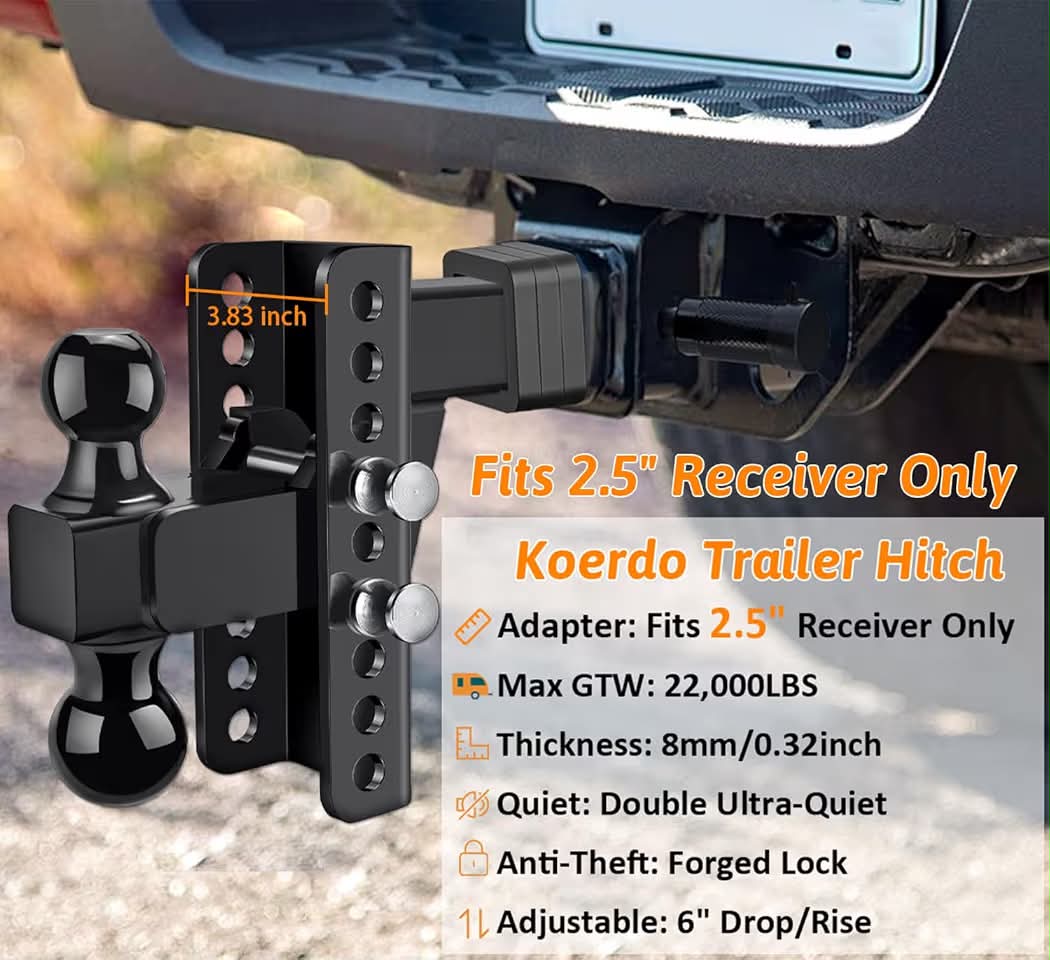 New Adjustable Trailer Hitch Fits 2.5" Receiver, Drop Hitch & Tow Hitch with 6-Inch Drop/Rise, 2" & 2-5/16" Dual Ball Hitches for Trucks, 22,000 lbs GTW, Trailer Hitches with Anti-Theft Pin, Black