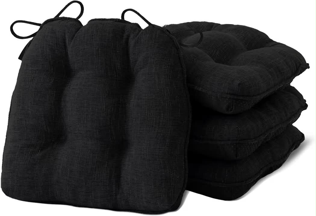 New IPYNBAP Chair Cushions for Dining Chairs Set of 4, Kitchen Chair Cushions, Chair Pads with Ties and Non Slip Backing, Tufted Memory Foam Seat Cushion 4 Pack, 15.5" x 15.5" x 4", Black