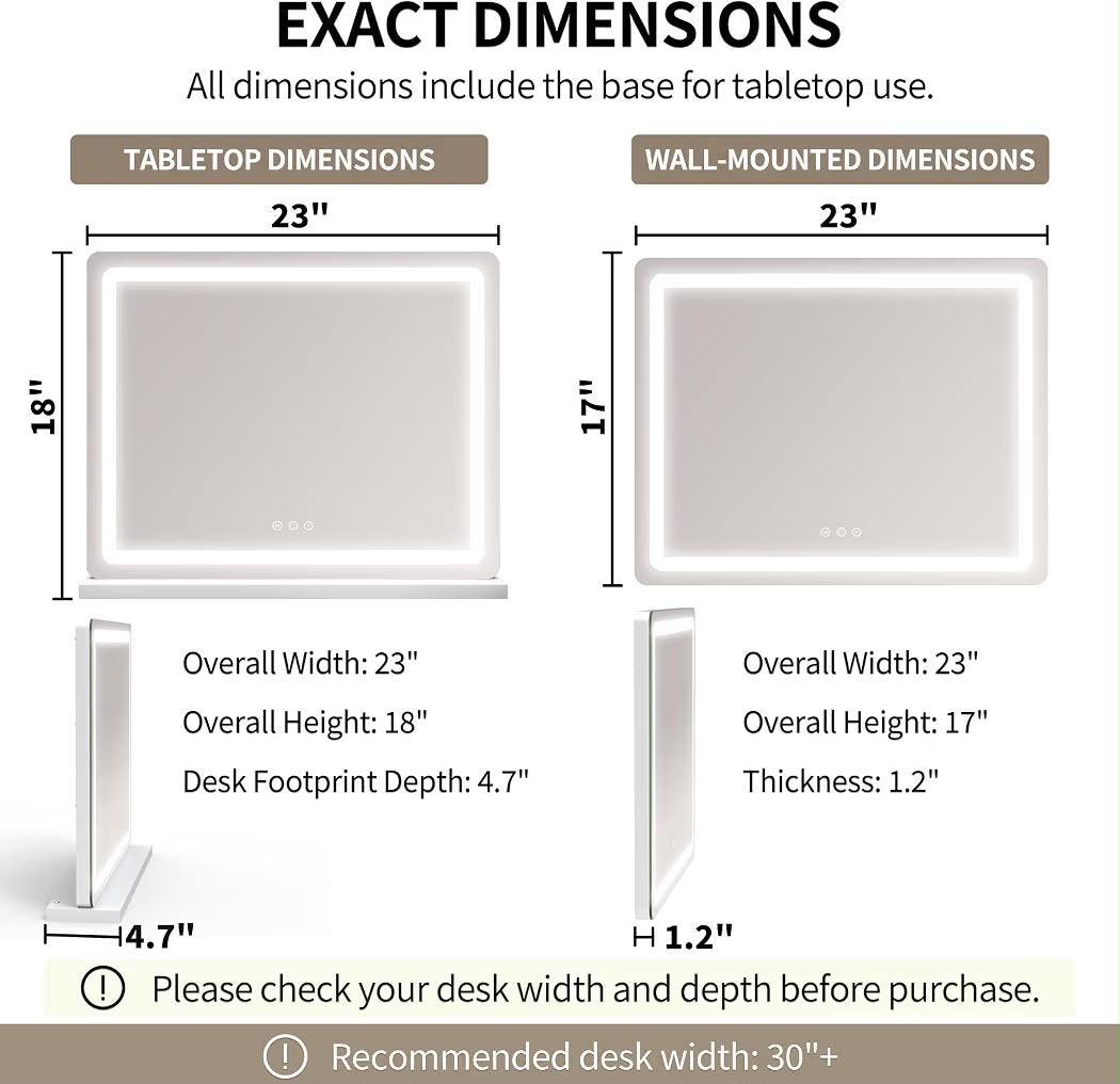 ROLOVE 23x18" Large Vanity Mirror with Lights, LED Makeup Mirror, 10X Magnification, Dimmable Touch Control, Wall Mount or Tabletop, White