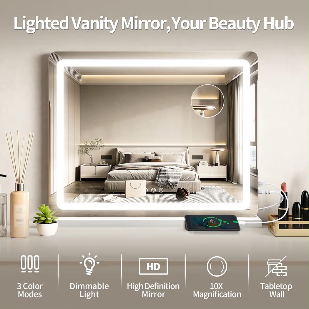 ROLOVE 23x18" Large Vanity Mirror with Lights, LED Makeup Mirror, 10X Magnification, Dimmable Touch Control, Wall Mount or Tabletop, White