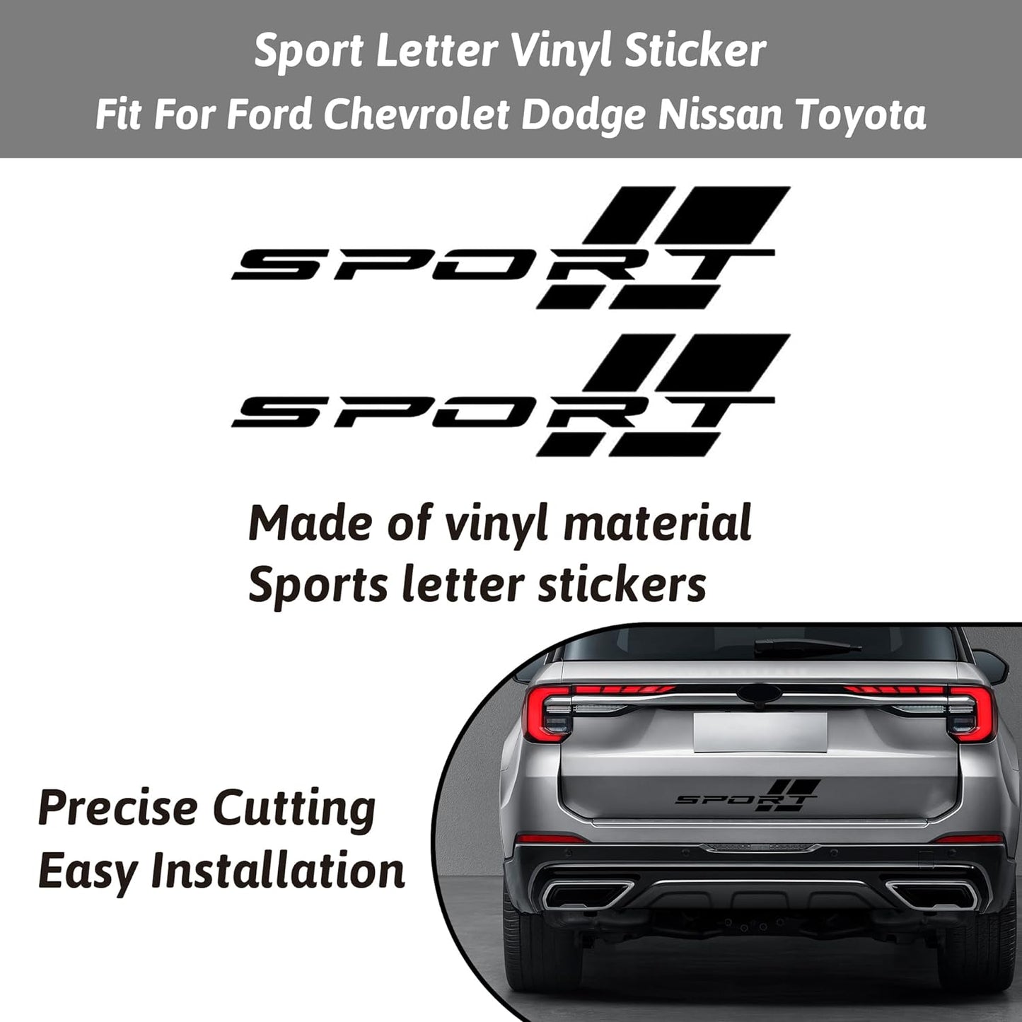 2 pcs Vinyl Sport Racing Letter Decal Decorative Stickers Emblem Car Styling Adhesive Tape Accessories for Car, Truck, SUV, ATV, Scooter