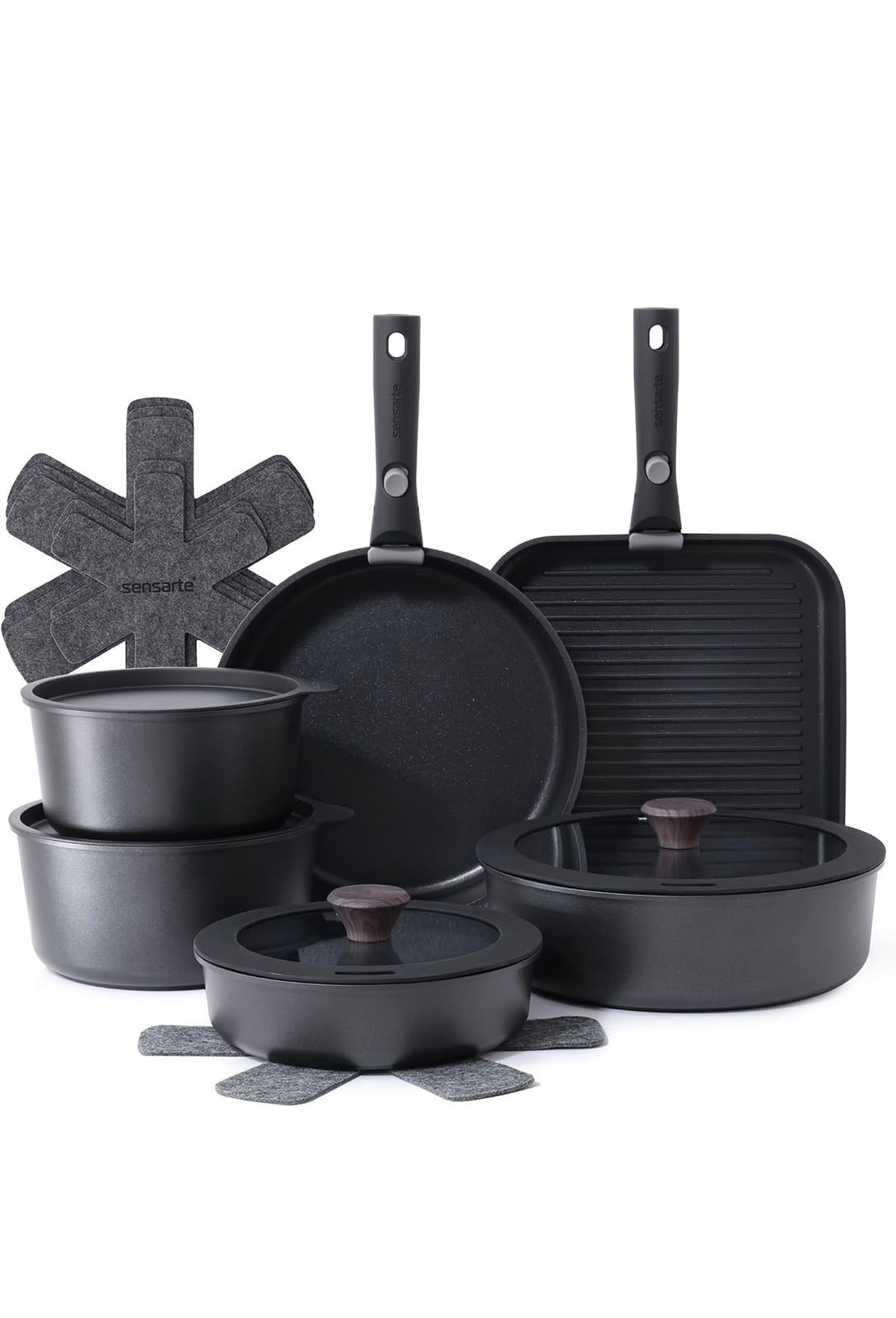 SENSARTE 17 Piece Nonstick Detachable Handle Pots and Pans Set Black