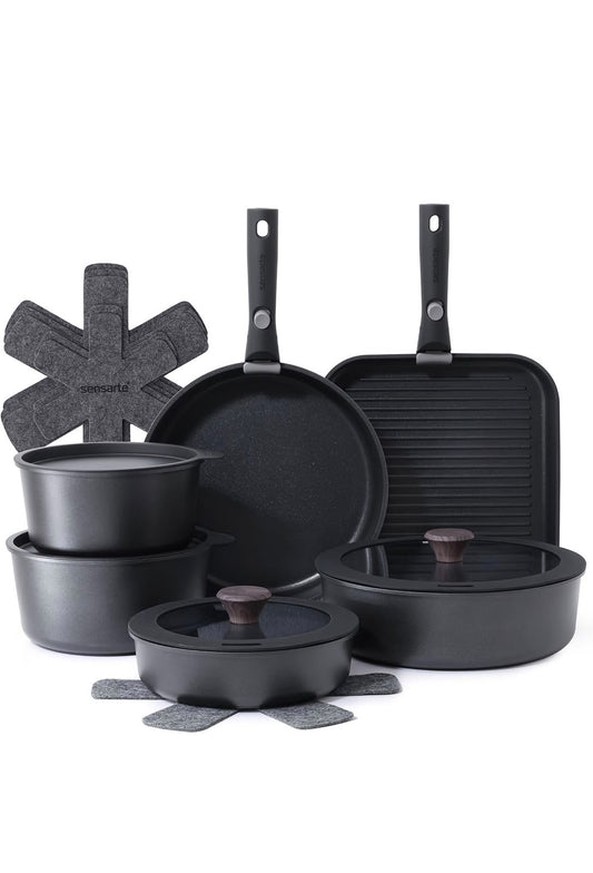 SENSARTE 17 Piece Nonstick Detachable Handle Pots and Pans Set Black