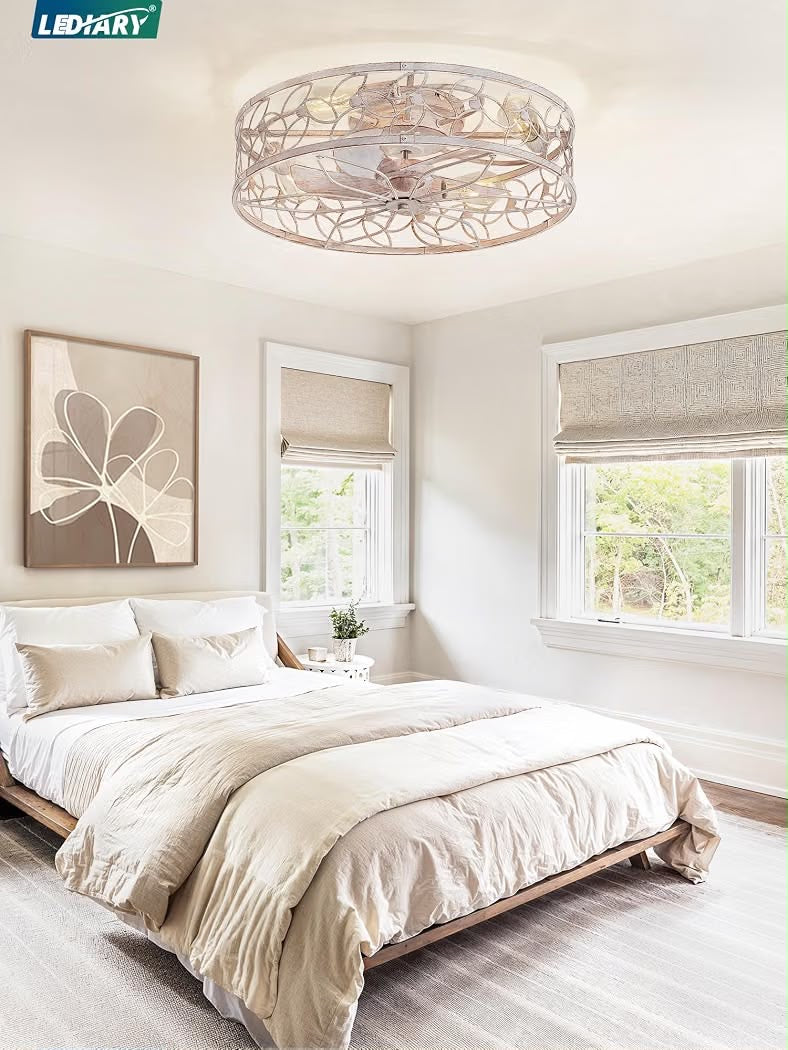 LEDIARY 23" Caged Ceiling Fan with Light, Flush Mount Fandalier with Remote