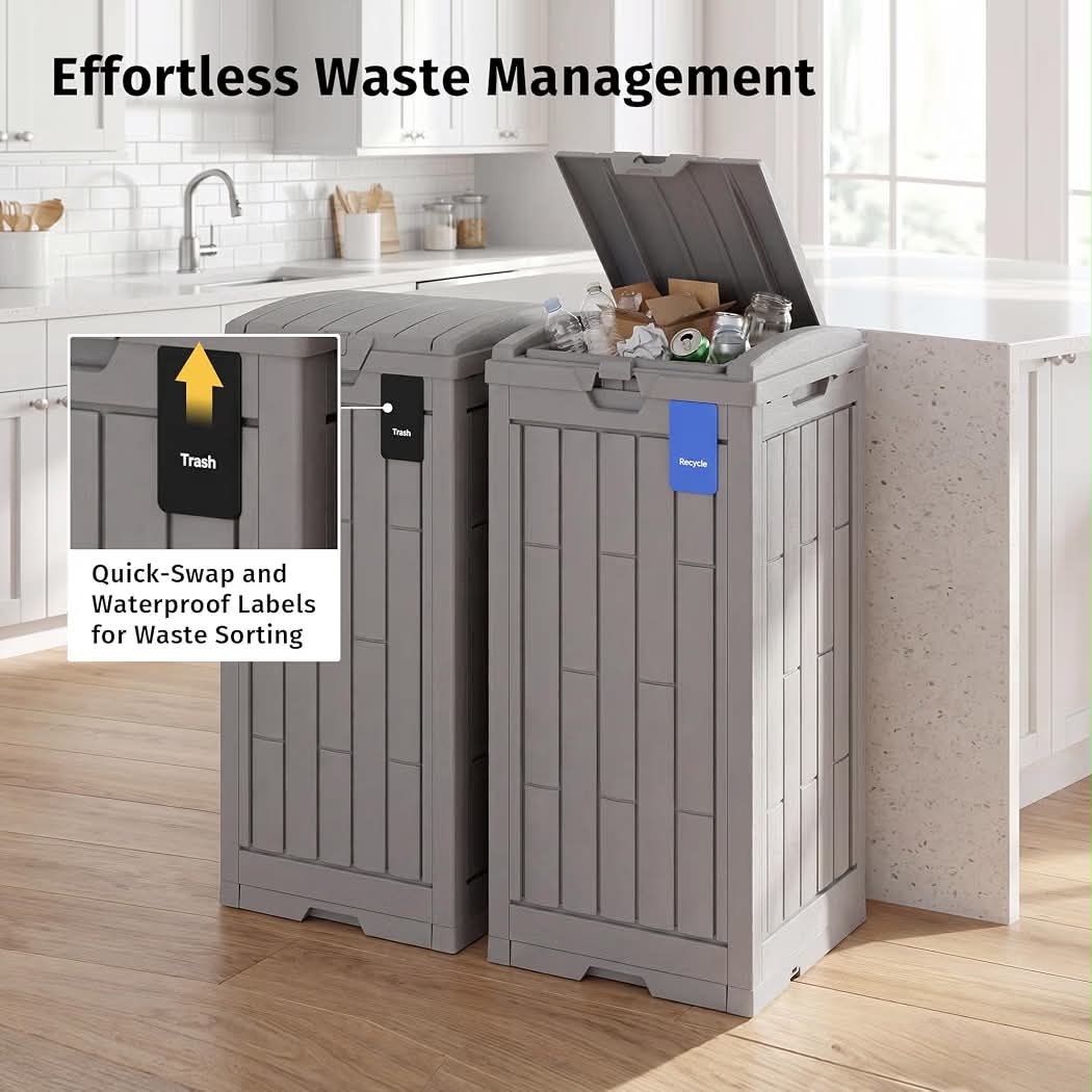 EAST OAK 38 Gallon Outdoor Trash Can Waterproof Resin Patio Garbage Bin Gray