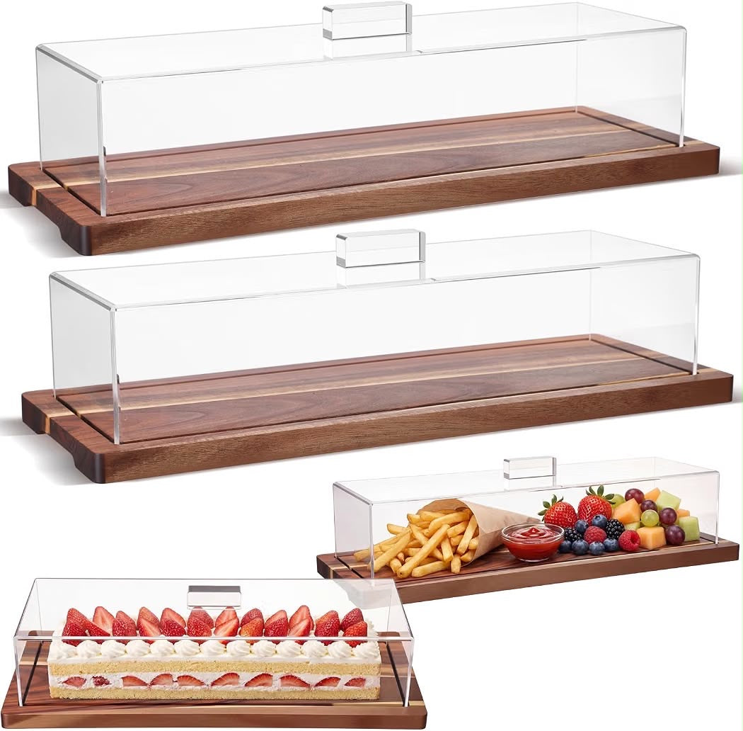 2 Pack Acacia Wood Cake Stand Serving Tray with Acrylic Lid, 15 x 6 x 4 Inches Charcuterie Table Display Set, Dessert Serving Tray Set for Bakery, Buffet, Home Party & Restaurant