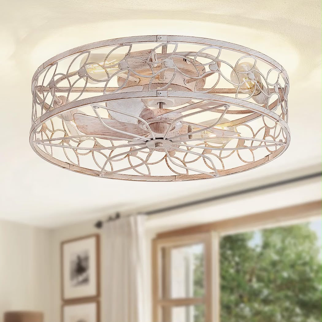LEDIARY 23" Caged Ceiling Fan with Light, Flush Mount Fandalier with Remote