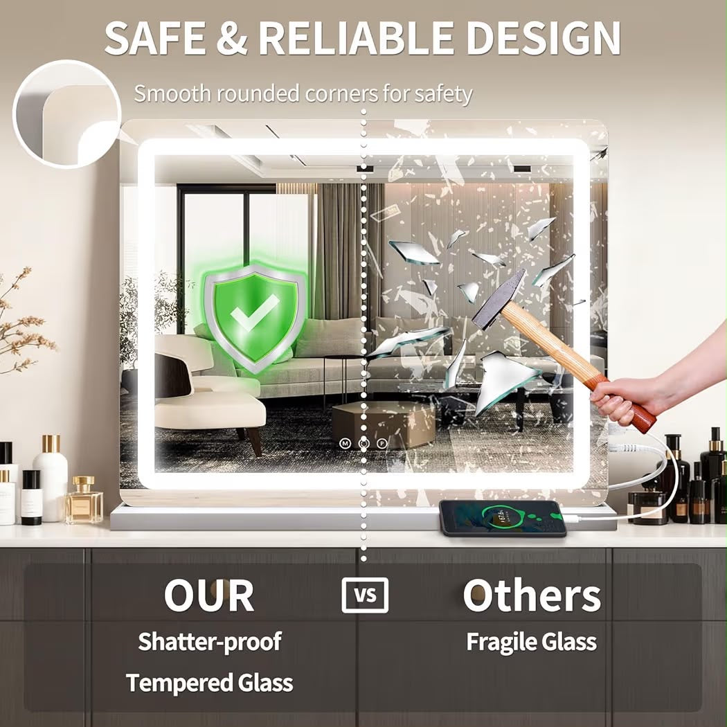 ROLOVE 23x18" Large Vanity Mirror with Lights, LED Makeup Mirror, 10X Magnification, Dimmable Touch Control, Wall Mount or Tabletop, White