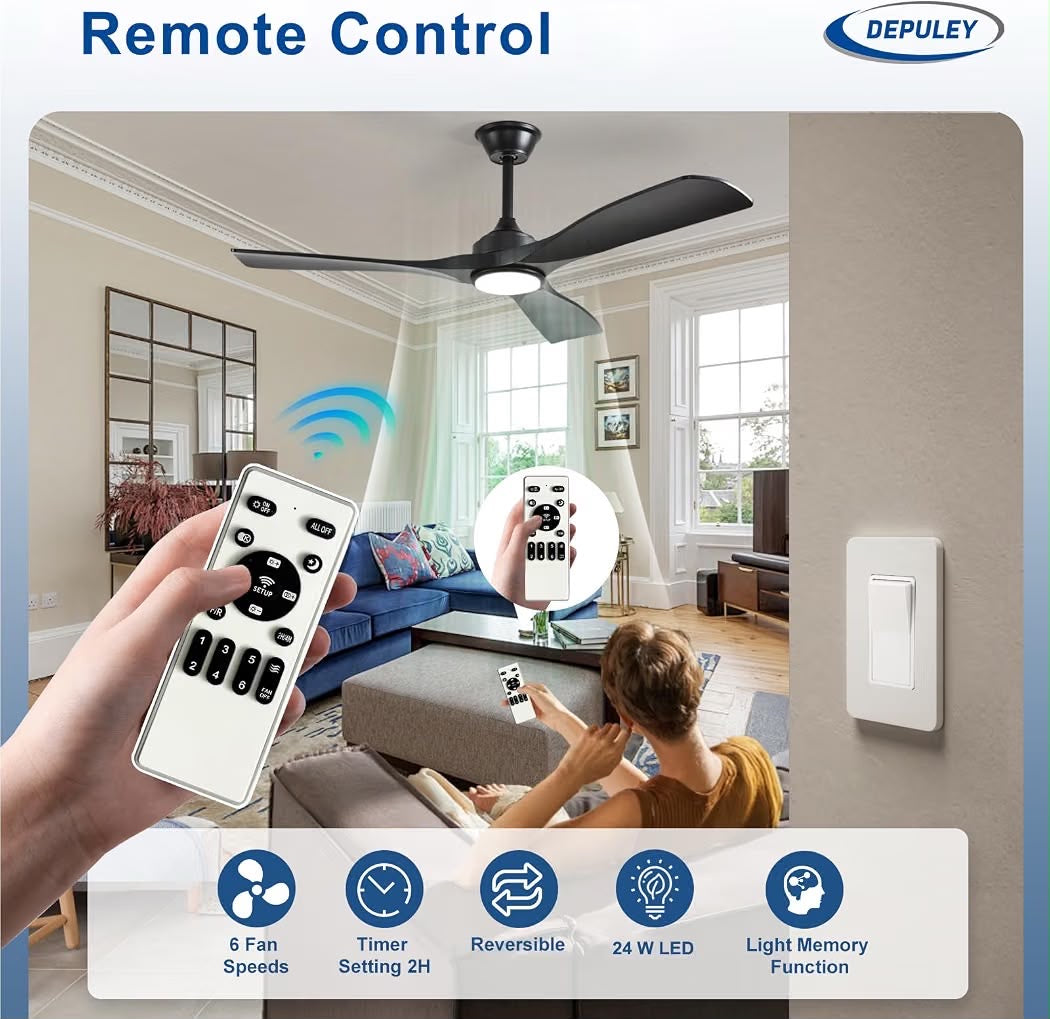 Depuley 52” Ceiling Fan with Light Black 3-Blade Outdoor Indoor Remote 6-Speed