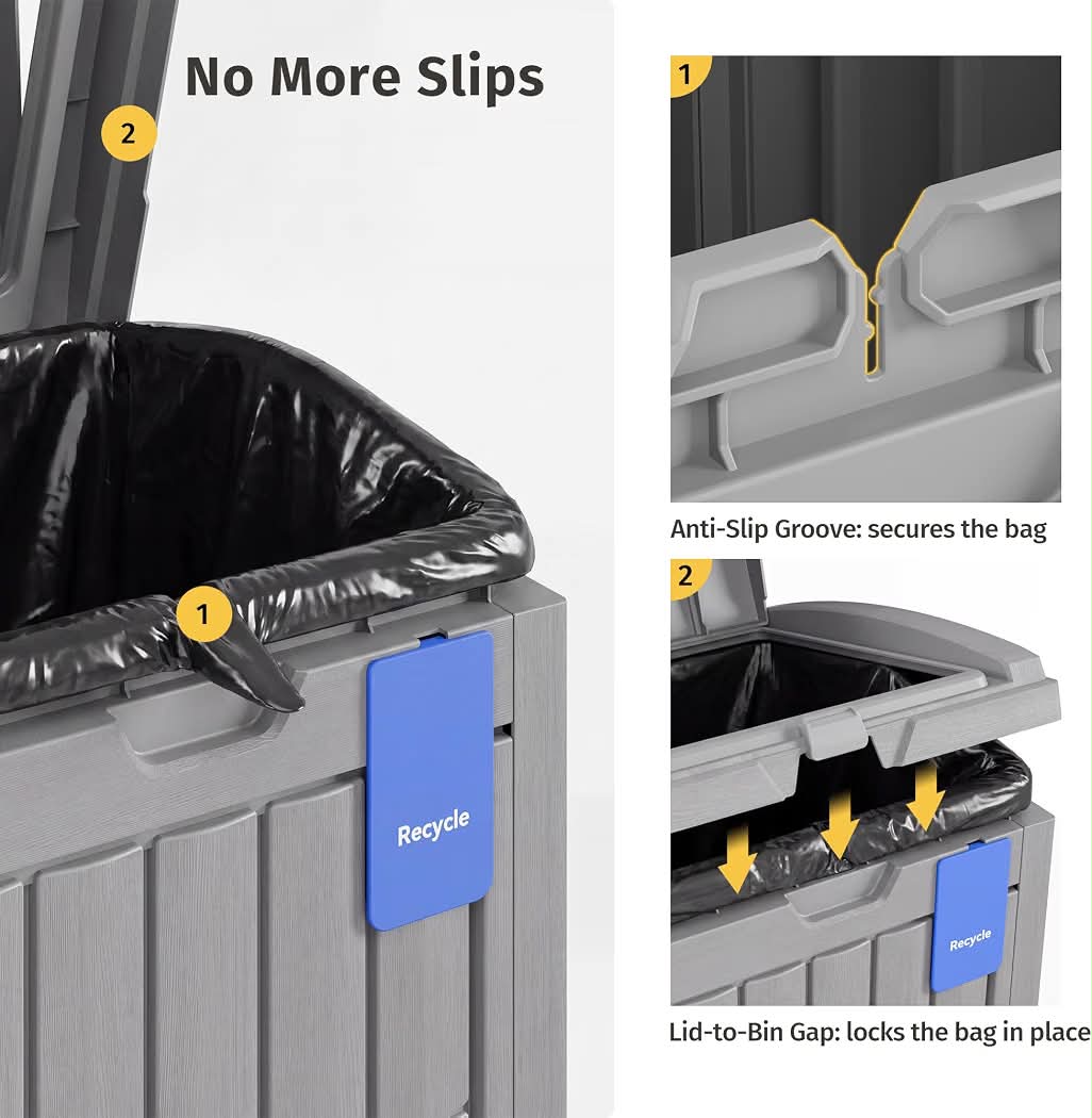 EAST OAK 38 Gallon Outdoor Trash Can Waterproof Resin Patio Garbage Bin Gray