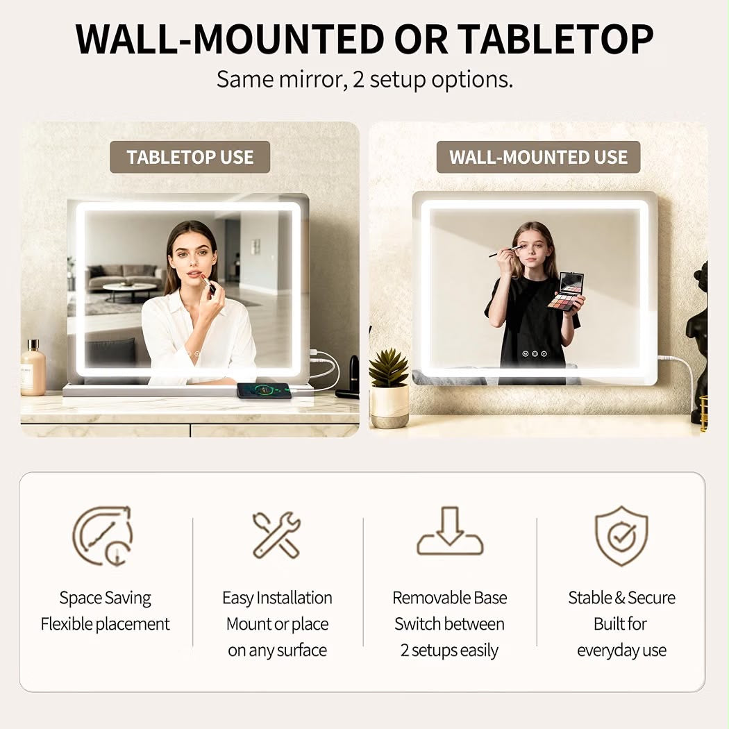 ROLOVE 23x18" Large Vanity Mirror with Lights, LED Makeup Mirror, 10X Magnification, Dimmable Touch Control, Wall Mount or Tabletop, White