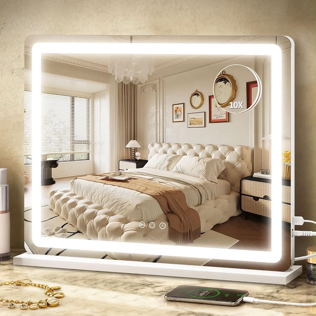 ROLOVE 23x18" Large Vanity Mirror with Lights, LED Makeup Mirror, 10X Magnification, Dimmable Touch Control, Wall Mount or Tabletop, White