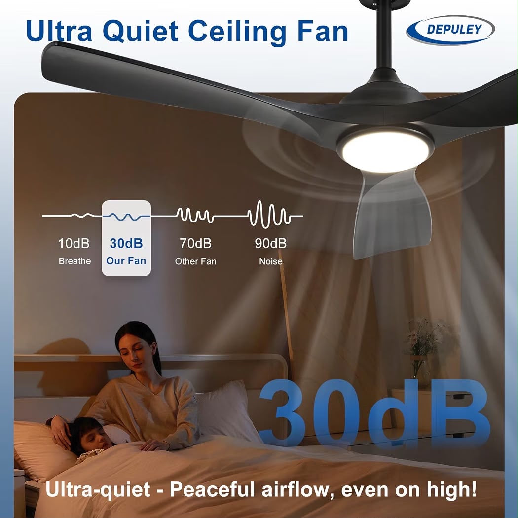 Depuley 52” Ceiling Fan with Light Black 3-Blade Outdoor Indoor Remote 6-Speed