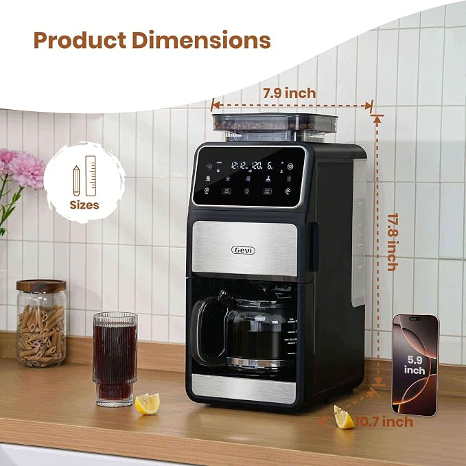 GEVI 10 CUP DRIP COFFEE MAKER WITH BUILT-IN GRINDER GRIND BREW DOTL0 - BLACK