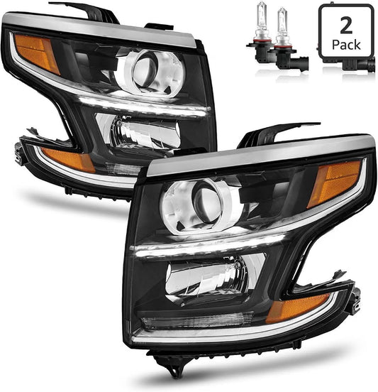 Headlights w/LED DRL for 2015-2020 Chevy Tahoe Suburban Halogen Headlamps Pair