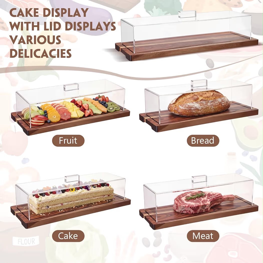 2 Pack Acacia Wood Cake Stand Serving Tray with Acrylic Lid, 15 x 6 x 4 Inches Charcuterie Table Display Set, Dessert Serving Tray Set for Bakery, Buffet, Home Party & Restaurant