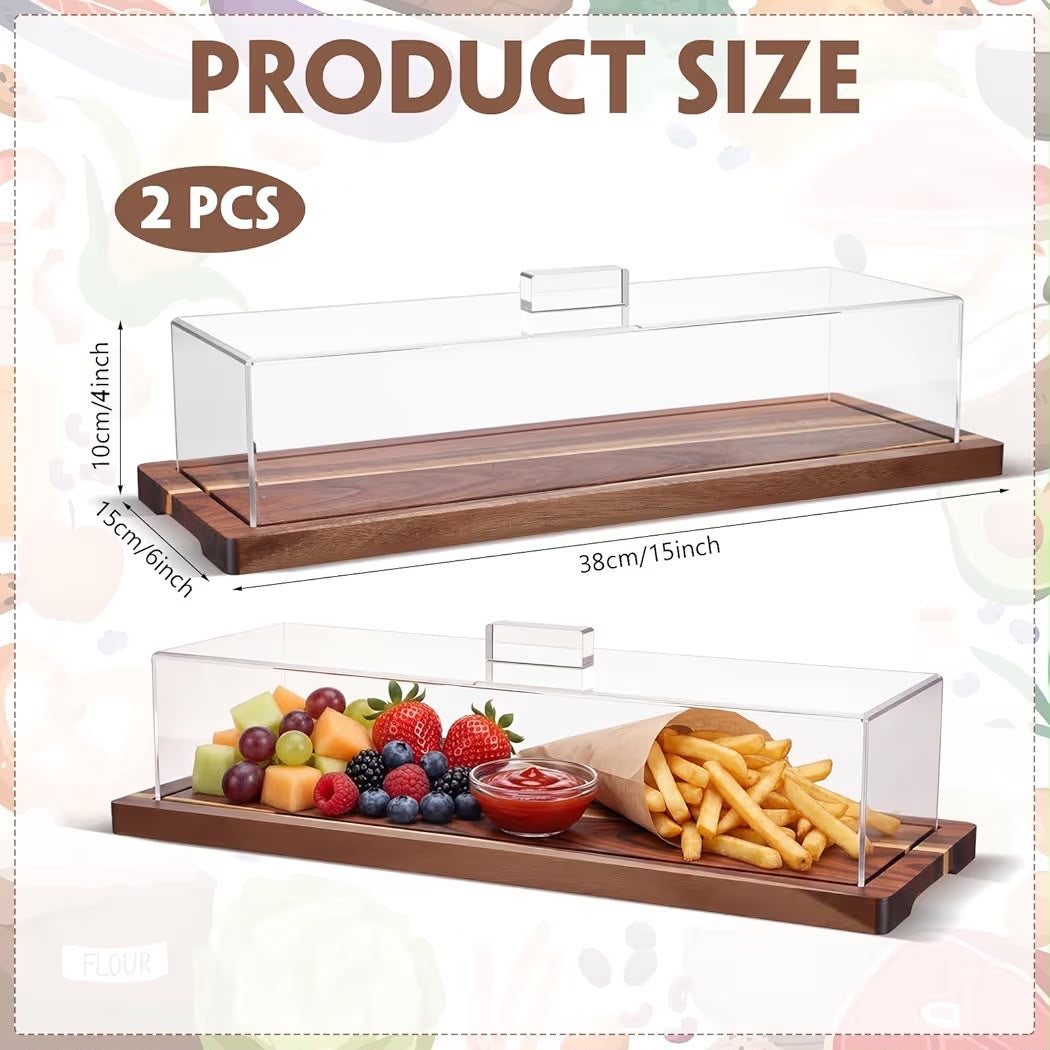 2 Pack Acacia Wood Cake Stand Serving Tray with Acrylic Lid, 15 x 6 x 4 Inches Charcuterie Table Display Set, Dessert Serving Tray Set for Bakery, Buffet, Home Party & Restaurant