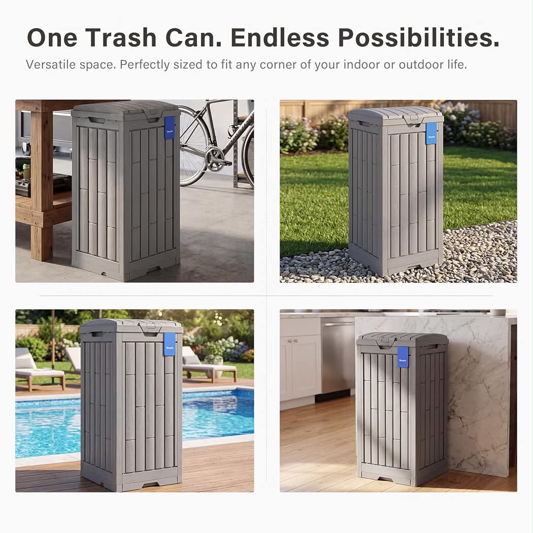 EAST OAK 38 Gallon Outdoor Trash Can Waterproof Resin Patio Garbage Bin Gray