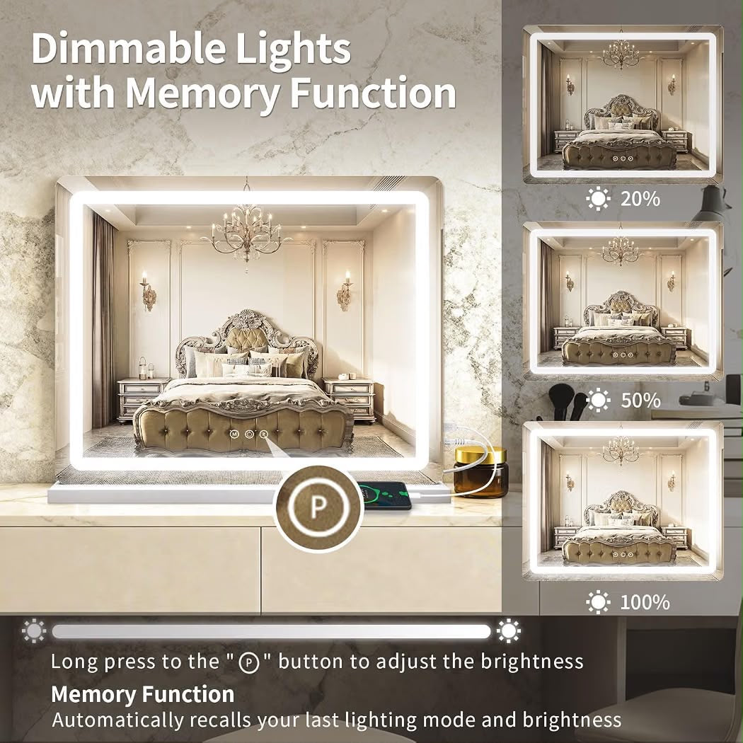 ROLOVE 23x18" Large Vanity Mirror with Lights, LED Makeup Mirror, 10X Magnification, Dimmable Touch Control, Wall Mount or Tabletop, White
