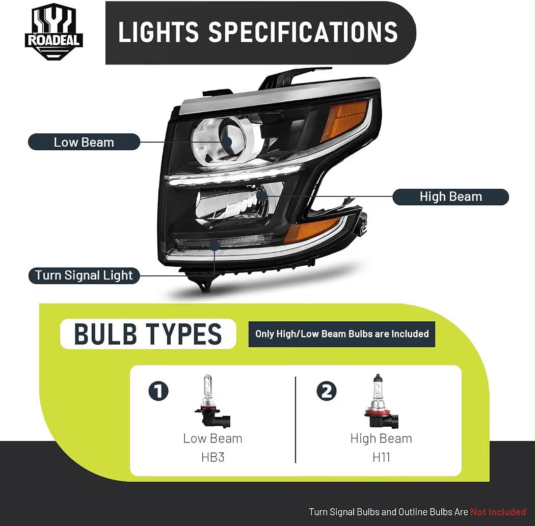Headlights w/LED DRL for 2015-2020 Chevy Tahoe Suburban Halogen Headlamps Pair