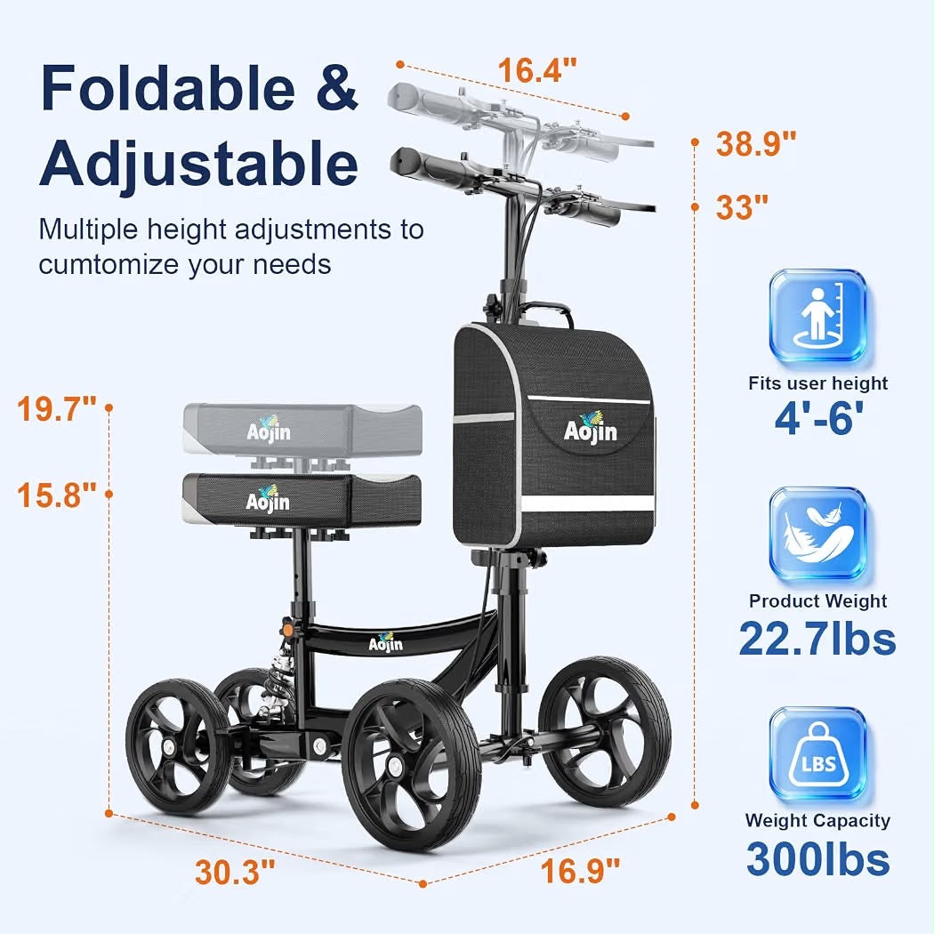 Knee Scooter for Adults 300LB, Foldable Knee Walker, 8” Wheels, Adjustable Height