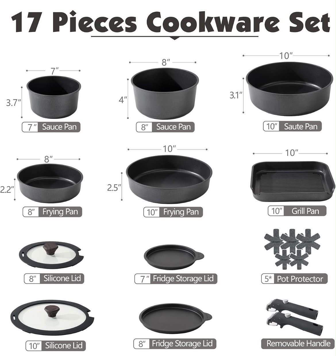 SENSARTE 17 Piece Nonstick Detachable Handle Pots and Pans Set Black