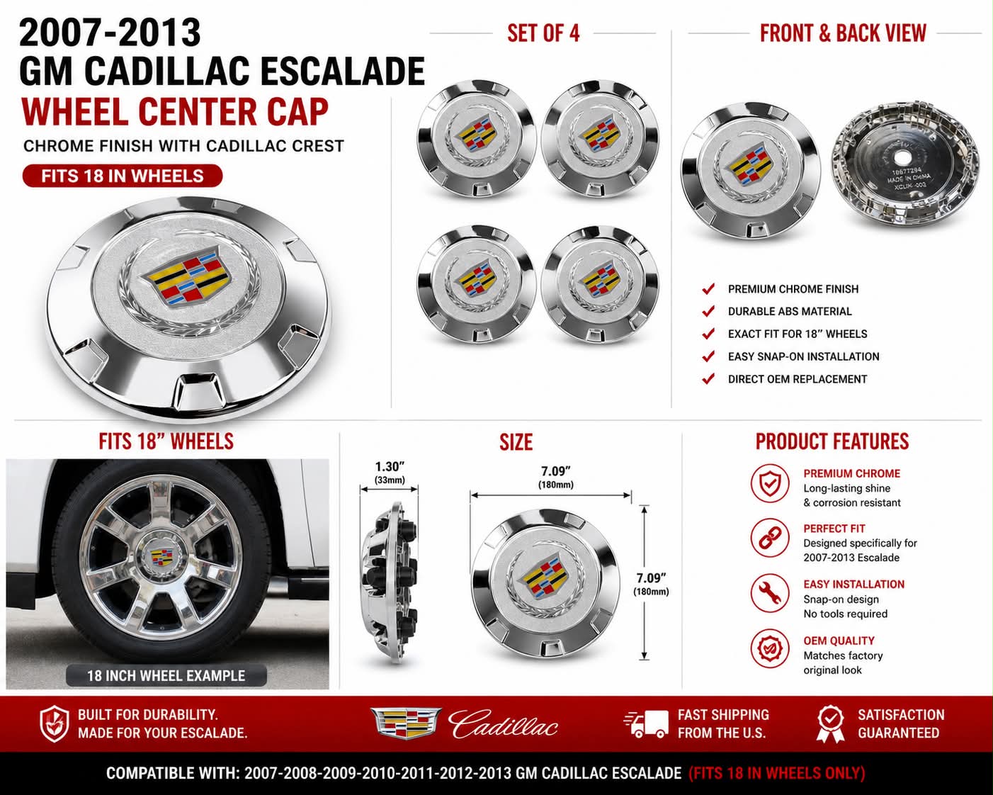 Wheel Center Caps Compatible with Cadillac Multiple Sizes