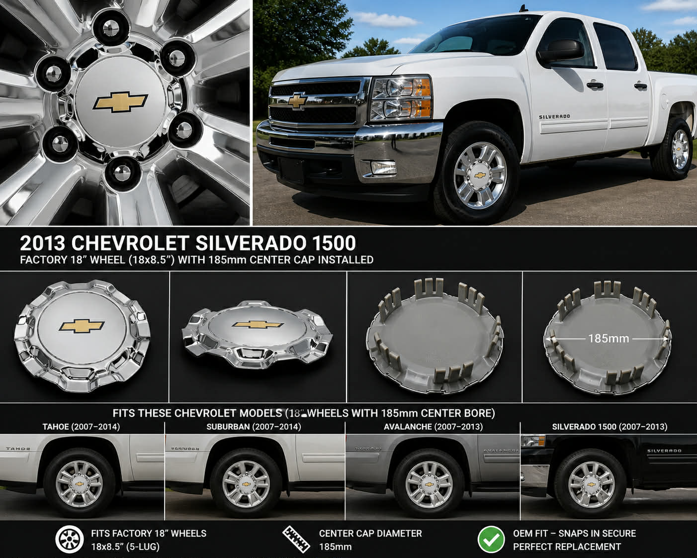 Wheel Center Caps Compatible with Chevy Silverado Tahoe Suburban Multiple Sizes