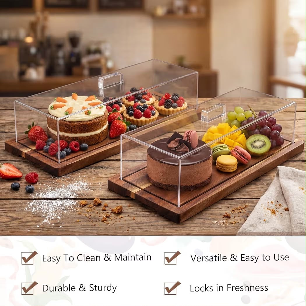 2 Pack Acacia Wood Cake Stand Serving Tray with Acrylic Lid, 15 x 6 x 4 Inches Charcuterie Table Display Set, Dessert Serving Tray Set for Bakery, Buffet, Home Party & Restaurant