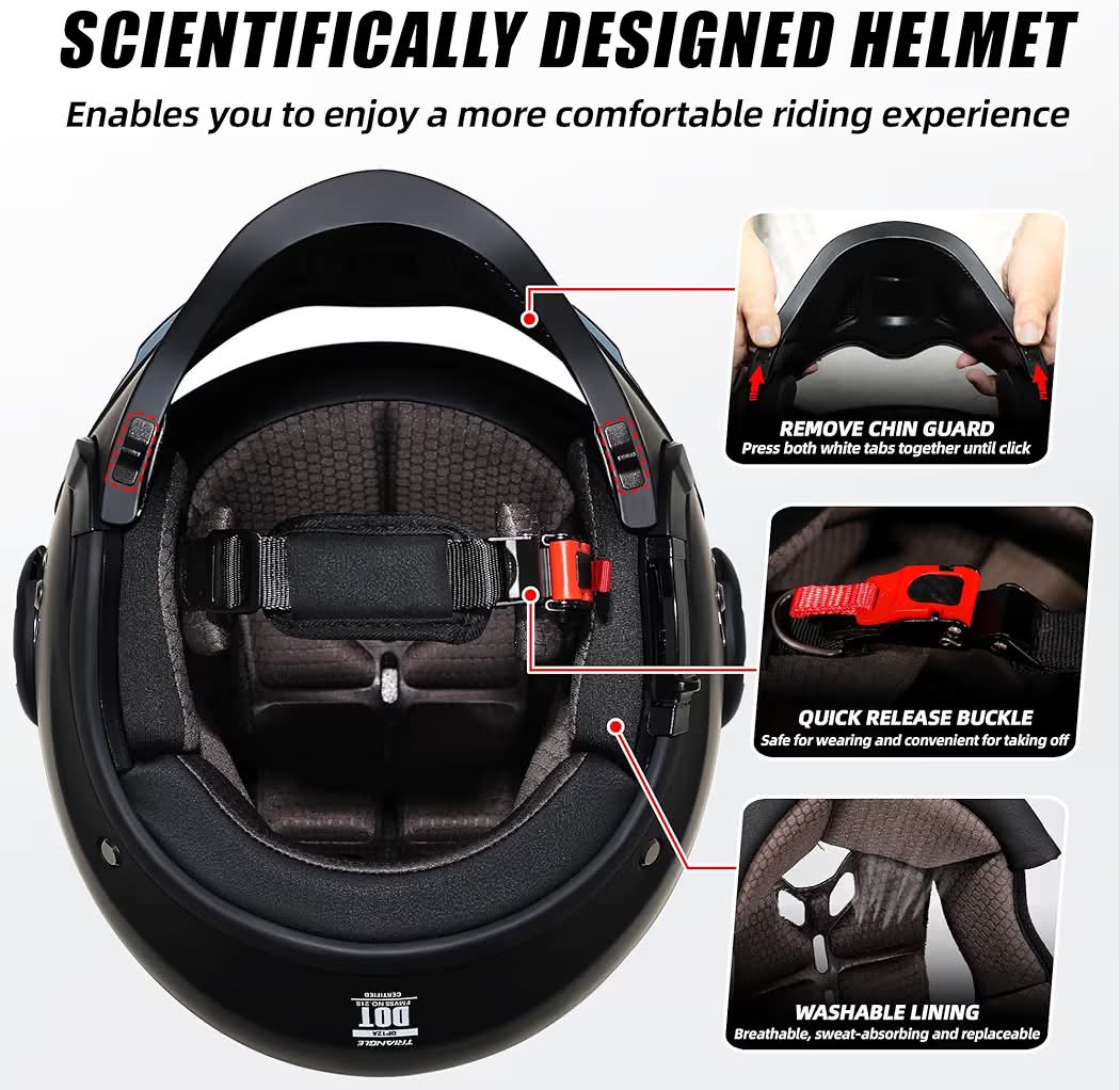 TRIANGLE Convertible Full Face Motorcycle Helmet DOT Approved for Men Women, Multi-Configuration 3/4 Open Face Street Bike Helmet with Internal Tinted Sunshield, Includes Storage Bag, size: XL