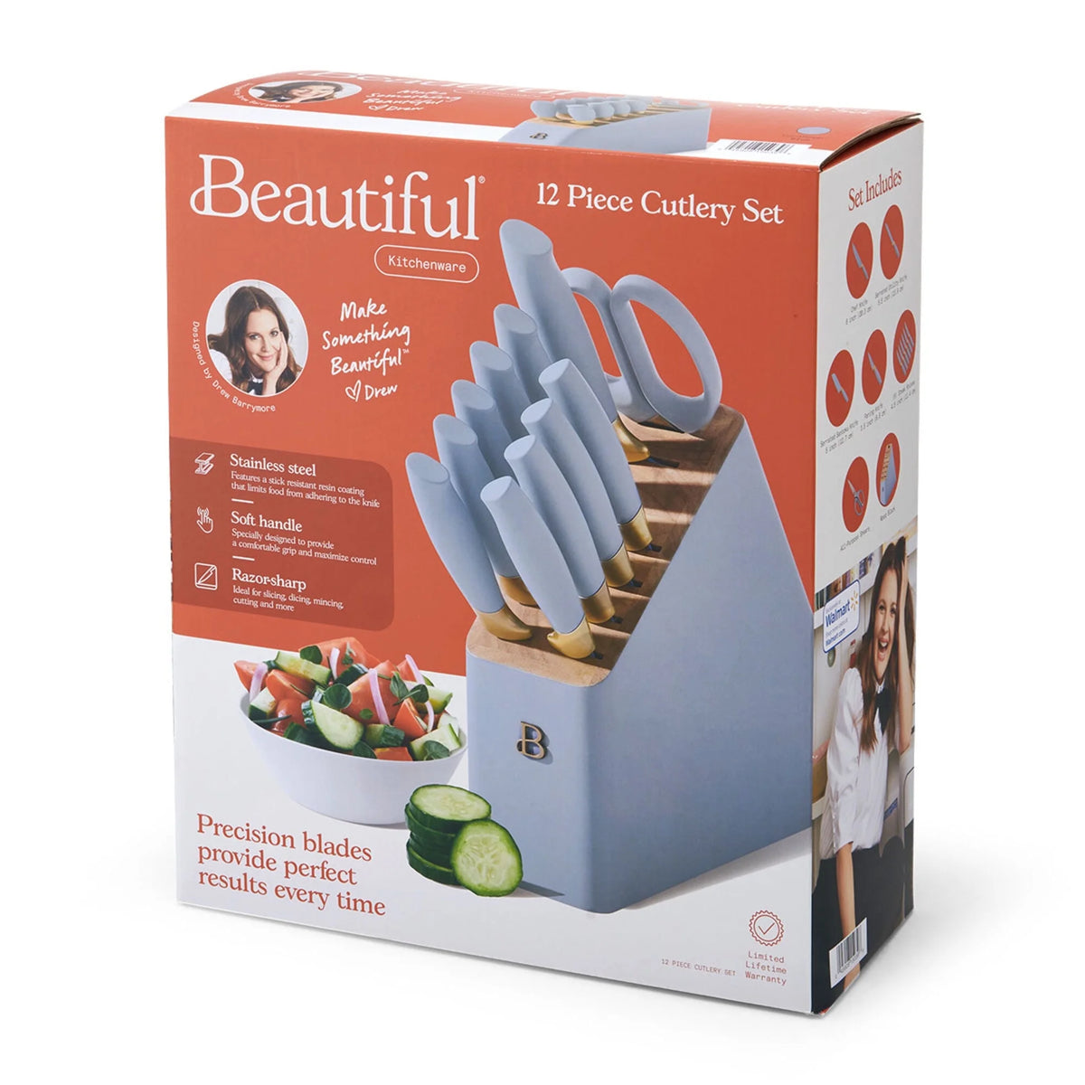 Drew Barrymore 12-Piece Knife Block Set – Cornflower & Gold