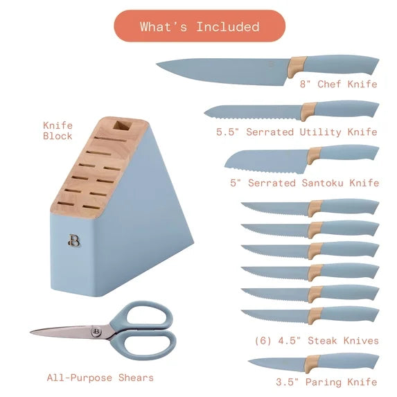 Drew Barrymore 12-Piece Knife Block Set – Cornflower & Gold