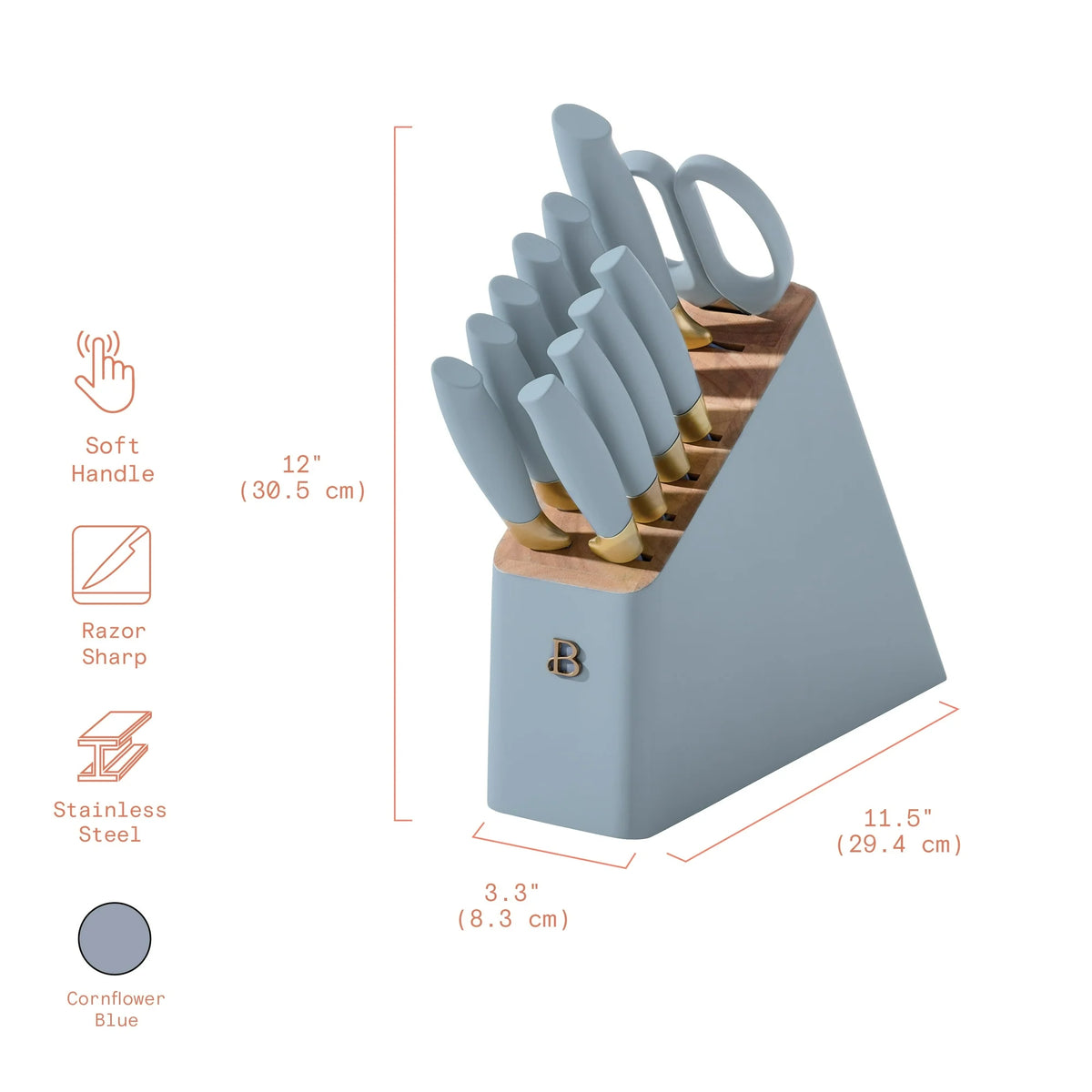 Drew Barrymore 12-Piece Knife Block Set – Cornflower & Gold