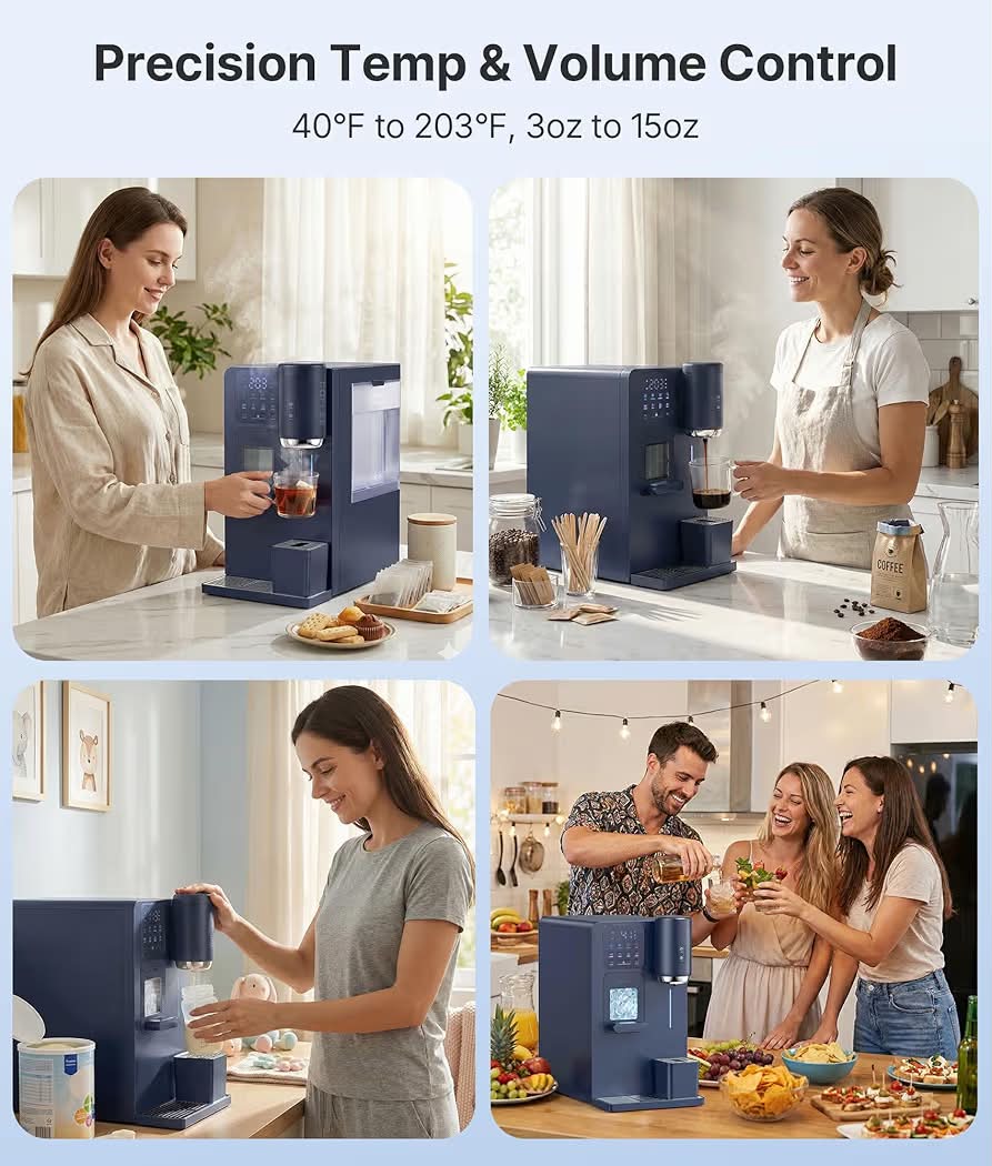 New 3-in-1 Water Dispenser with Ice Maker - Hot/Cold/Warm Water, Adjustable Water Volume, Countertop, Compact Coffee Brewer for Home & Office, Deep Navy