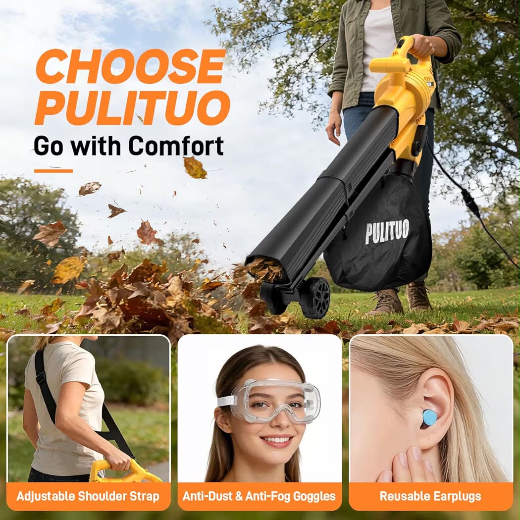 PULITUO 3 in 1 Electric Leaf Blower Vacuum Mulcher with Bag, 530CFM & 170MPH Leaf Vacuum Corded Blowers for Lawn Care, 15:1 Lightweight Leaf Mulcher with Shoulder Strap.