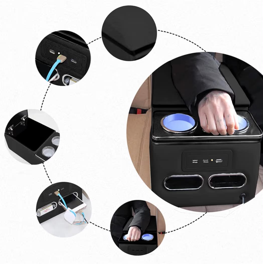 New Center Console Armrest Organizer with LED Light, USB Port, Cup Holders, Armrest, Padded Top Lid - Ideal for Business Upgrade Center Console Organizerand