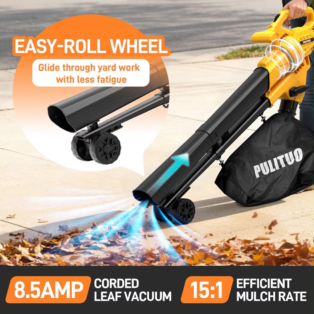 PULITUO 3 in 1 Electric Leaf Blower Vacuum Mulcher with Bag, 530CFM & 170MPH Leaf Vacuum Corded Blowers for Lawn Care, 15:1 Lightweight Leaf Mulcher with Shoulder Strap.