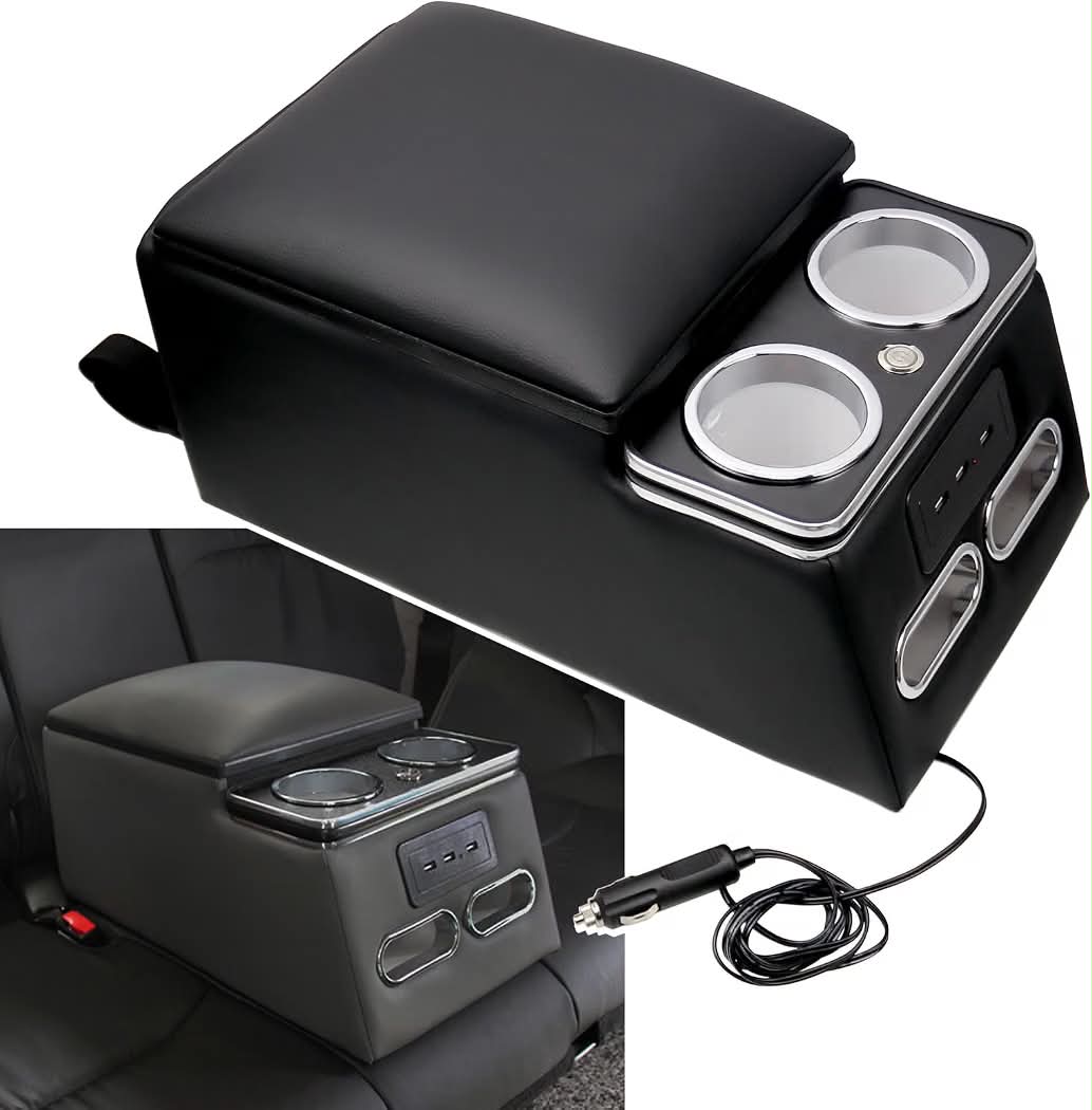 New Center Console Armrest Organizer with LED Light, USB Port, Cup Holders, Armrest, Padded Top Lid - Ideal for Business Upgrade Center Console Organizerand