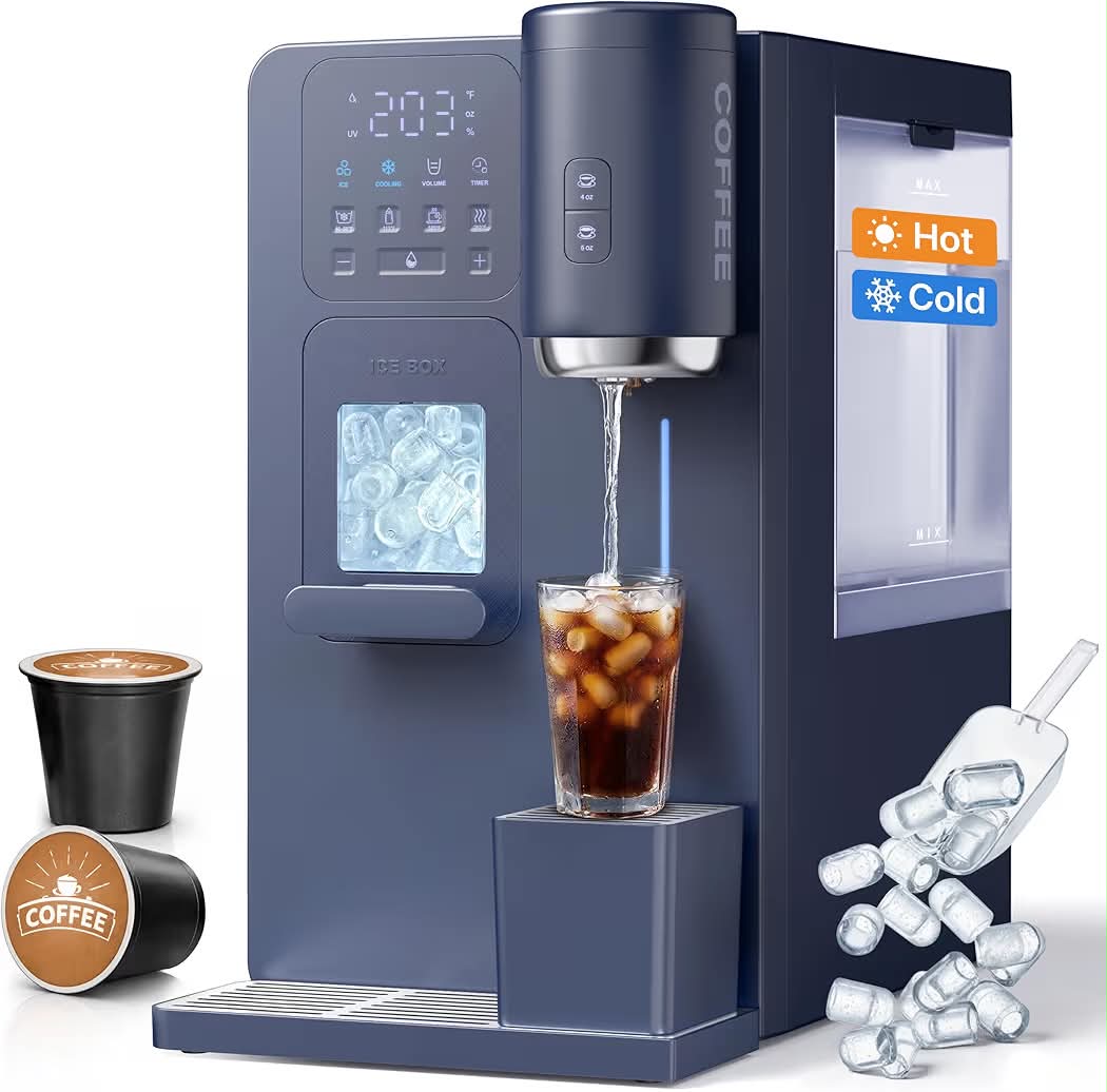 New 3-in-1 Water Dispenser with Ice Maker - Hot/Cold/Warm Water, Adjustable Water Volume, Countertop, Compact Coffee Brewer for Home & Office, Deep Navy