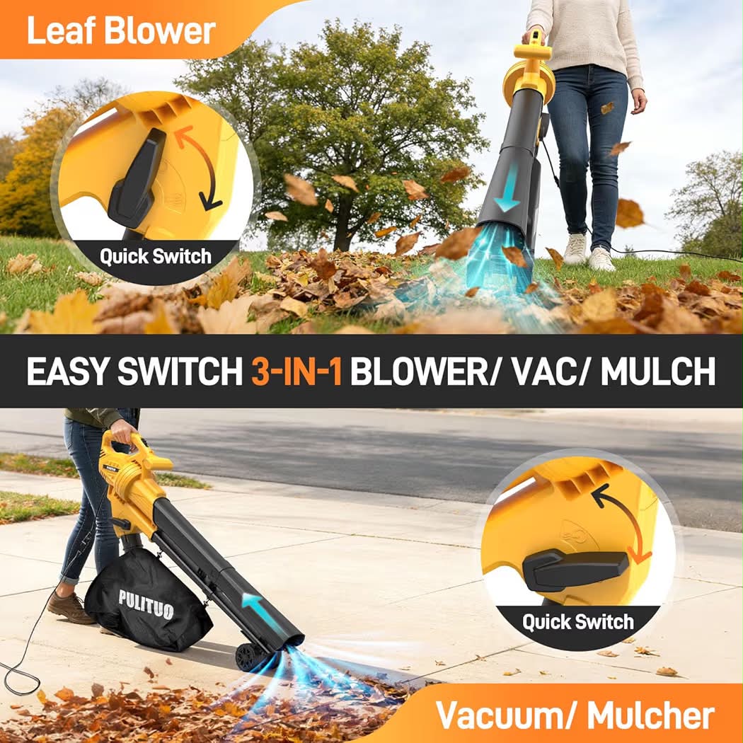 PULITUO 3 in 1 Electric Leaf Blower Vacuum Mulcher with Bag, 530CFM & 170MPH Leaf Vacuum Corded Blowers for Lawn Care, 15:1 Lightweight Leaf Mulcher with Shoulder Strap.