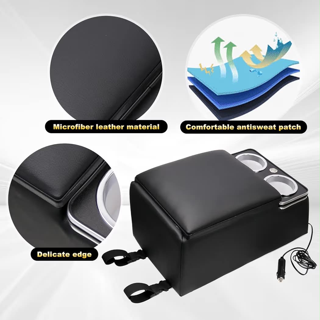 New Center Console Armrest Organizer with LED Light, USB Port, Cup Holders, Armrest, Padded Top Lid - Ideal for Business Upgrade Center Console Organizerand