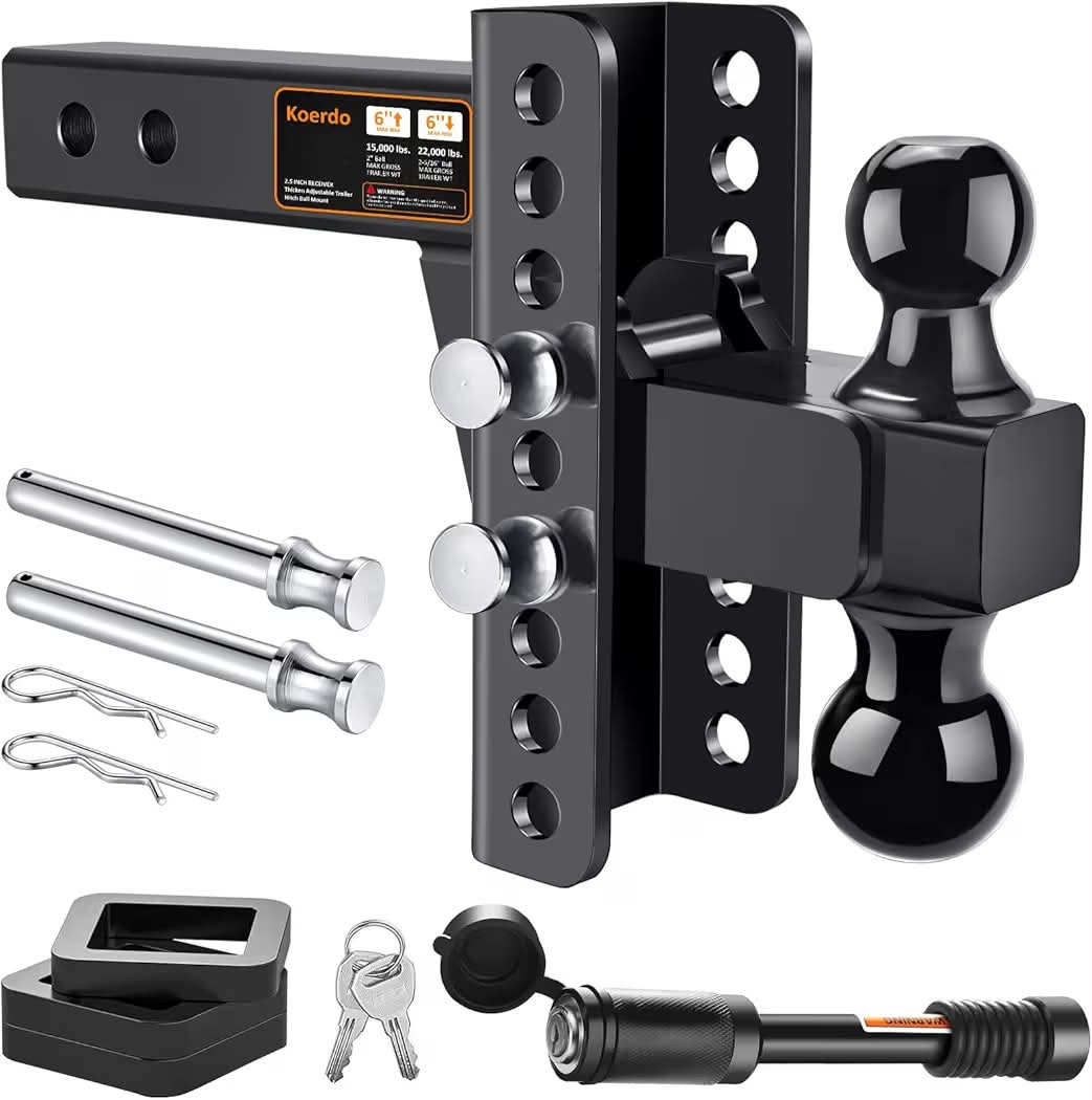 New Adjustable Trailer Hitch Fits 2.5" Receiver, Drop Hitch & Tow Hitch with 6-Inch Drop/Rise, 2" & 2-5/16" Dual Ball Hitches for Trucks, 22,000 lbs GTW, Trailer Hitches with Anti-Theft Pin, Black