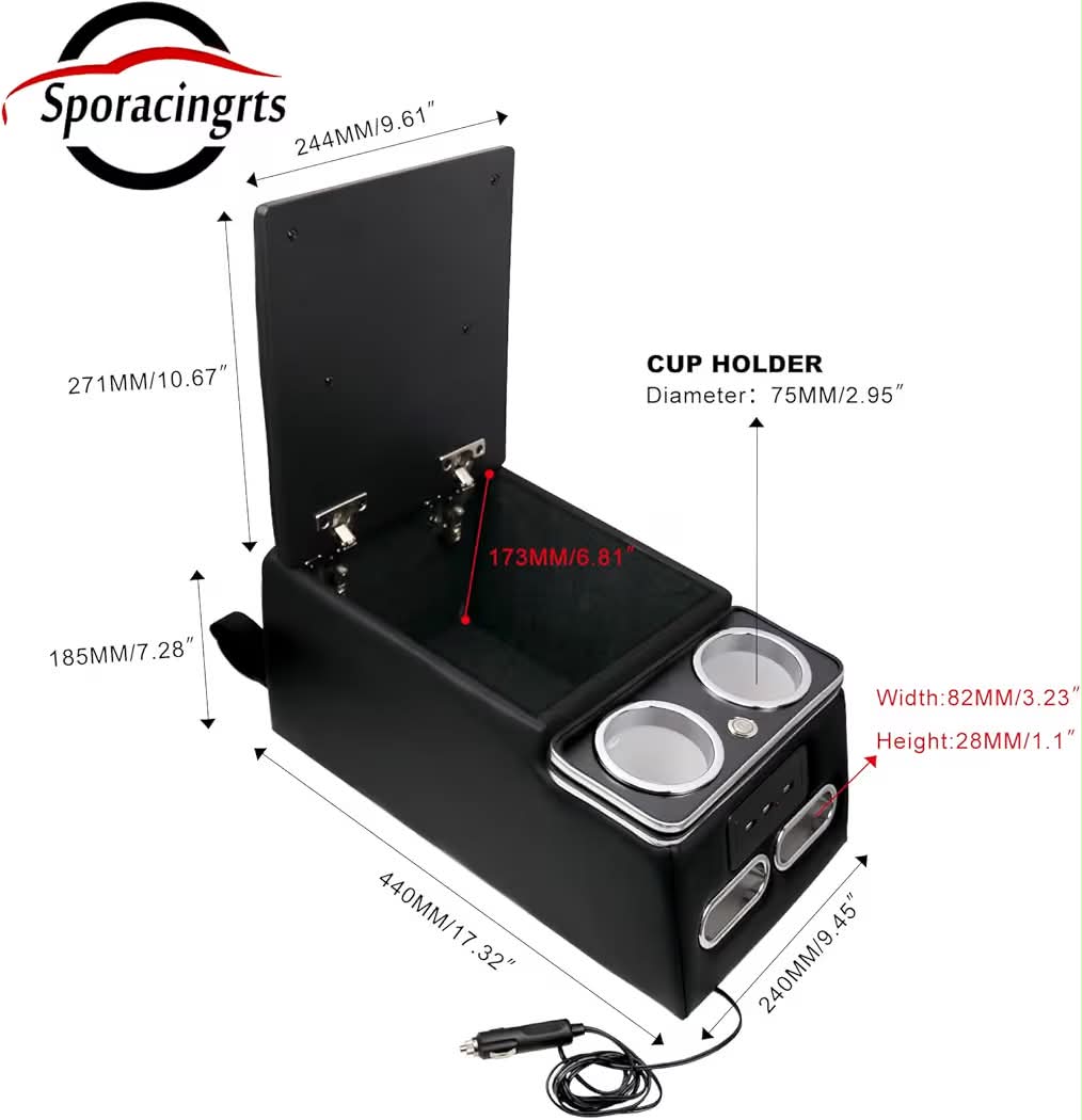 New Center Console Armrest Organizer with LED Light, USB Port, Cup Holders, Armrest, Padded Top Lid - Ideal for Business Upgrade Center Console Organizerand