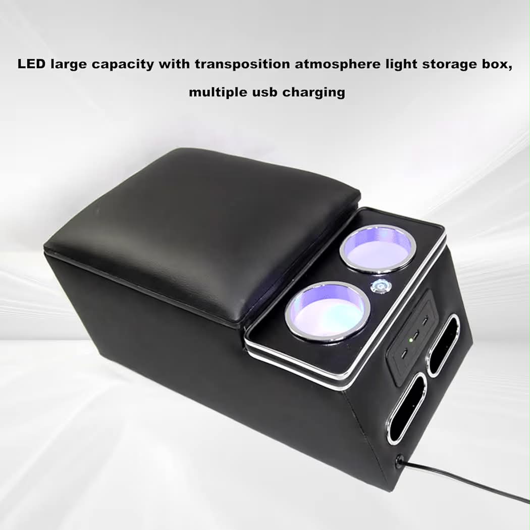 New Center Console Armrest Organizer with LED Light, USB Port, Cup Holders, Armrest, Padded Top Lid - Ideal for Business Upgrade Center Console Organizerand