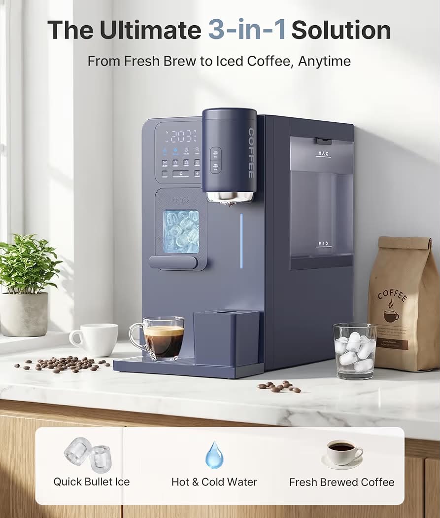 New 3-in-1 Water Dispenser with Ice Maker - Hot/Cold/Warm Water, Adjustable Water Volume, Countertop, Compact Coffee Brewer for Home & Office, Deep Navy
