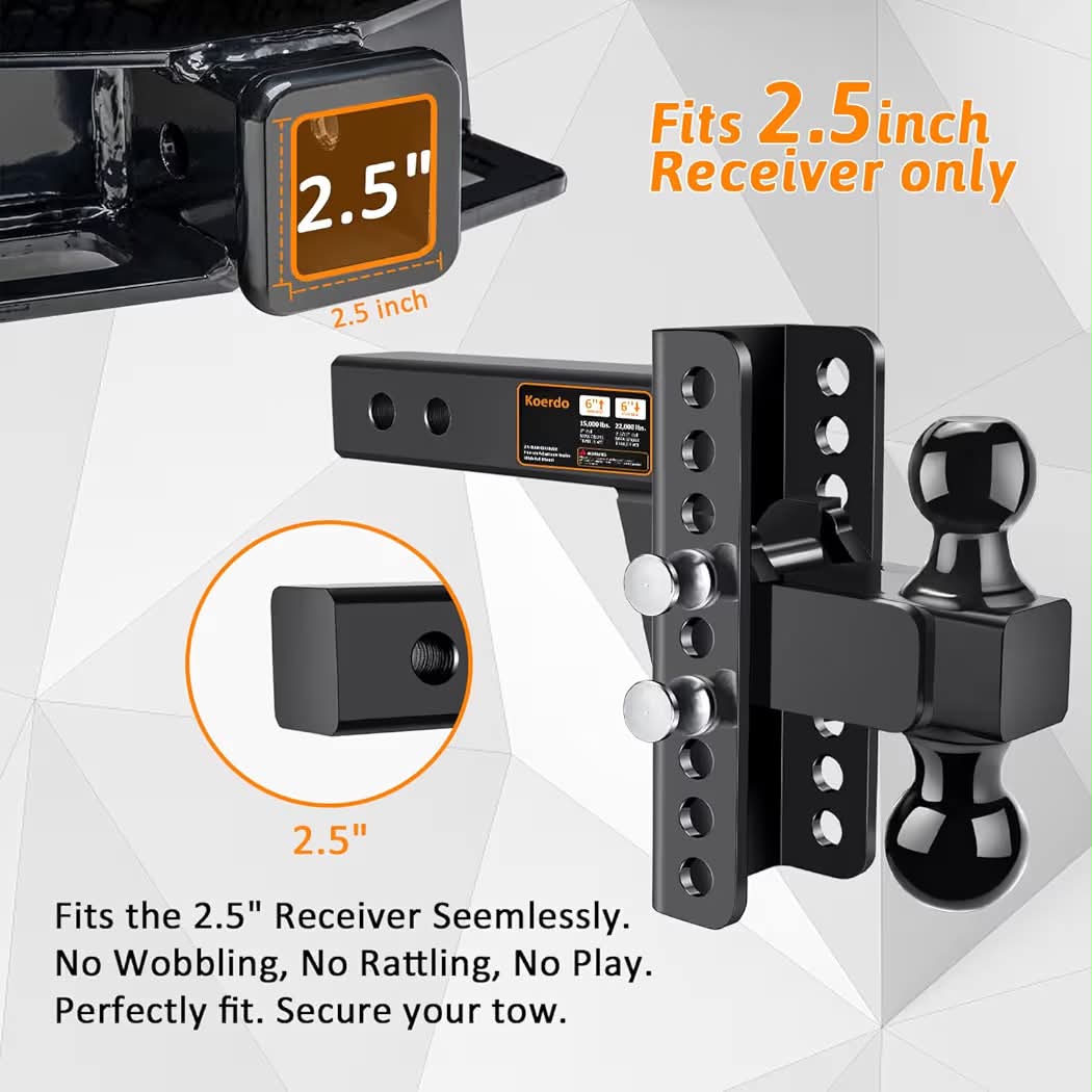 New Adjustable Trailer Hitch Fits 2.5" Receiver, Drop Hitch & Tow Hitch with 6-Inch Drop/Rise, 2" & 2-5/16" Dual Ball Hitches for Trucks, 22,000 lbs GTW, Trailer Hitches with Anti-Theft Pin, Black