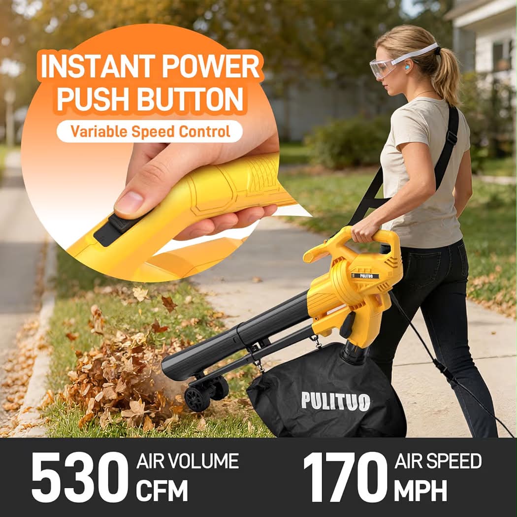 PULITUO 3 in 1 Electric Leaf Blower Vacuum Mulcher with Bag, 530CFM & 170MPH Leaf Vacuum Corded Blowers for Lawn Care, 15:1 Lightweight Leaf Mulcher with Shoulder Strap.
