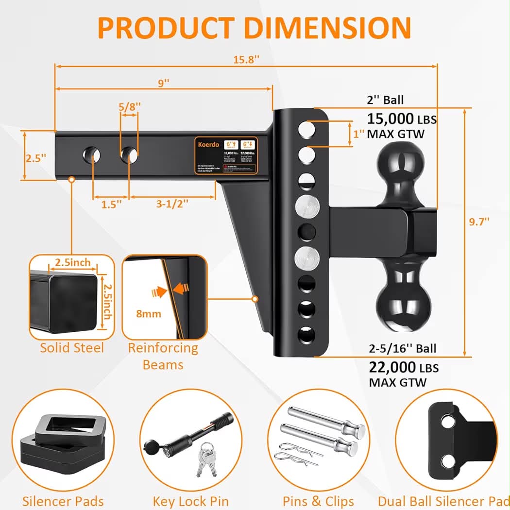 New Adjustable Trailer Hitch Fits 2.5" Receiver, Drop Hitch & Tow Hitch with 6-Inch Drop/Rise, 2" & 2-5/16" Dual Ball Hitches for Trucks, 22,000 lbs GTW, Trailer Hitches with Anti-Theft Pin, Black