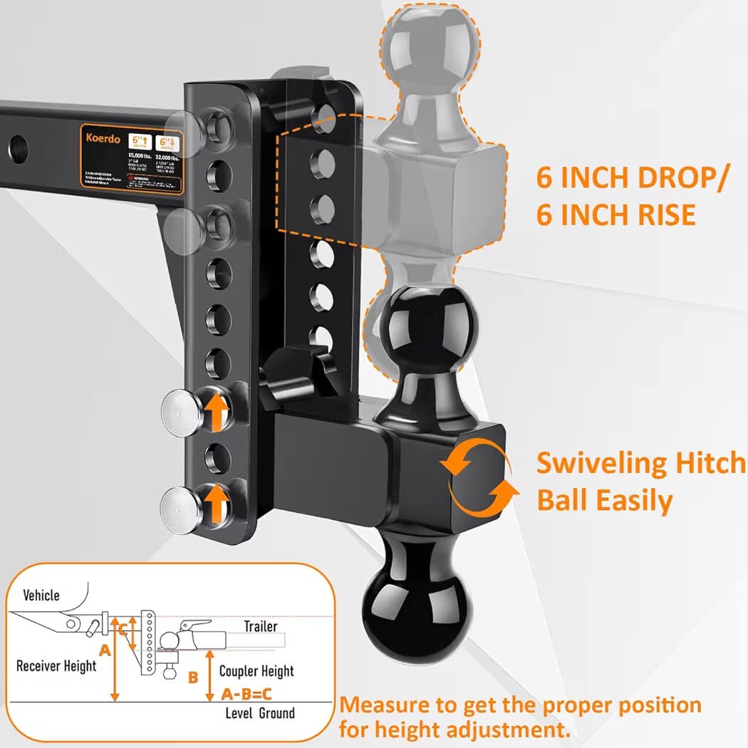 New Adjustable Trailer Hitch Fits 2.5" Receiver, Drop Hitch & Tow Hitch with 6-Inch Drop/Rise, 2" & 2-5/16" Dual Ball Hitches for Trucks, 22,000 lbs GTW, Trailer Hitches with Anti-Theft Pin, Black